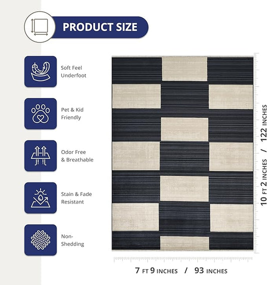 Abani Austin Collection Navy Area Rug - 8' x 10' - Block Checkered Pattern, Non-Shedding - Easy to Clean, Durable for Living Rooms, Dining Rooms & Family Rooms, Pet & Kid Friendly