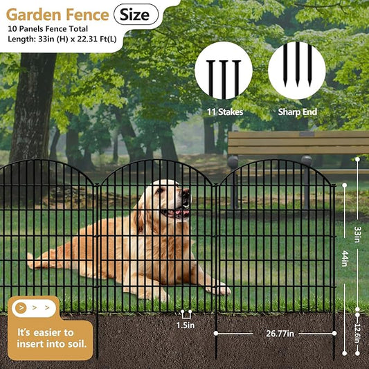 10 Panels No Dig Decorative Outdoor Garden Fence for Yard, 33in (H) x 22.31ft (L) Animal Barrier Fencing Rustproof Metal Panel Border for Dog, Rabbits Patio Camping Temporary Ground Stakes