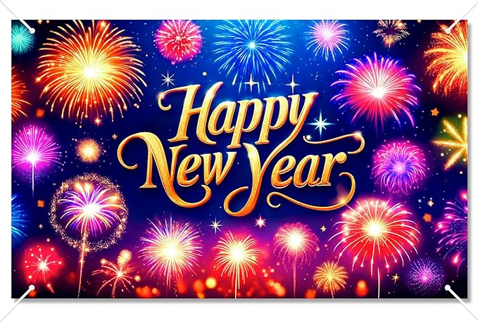 Happy New Year Banner 2026 71 x 43 Inch Fireworks Photo Backdrop Colorful New Year Eve Party Wall Decoration Banner for Indoor Outdoor Celebration Home Event Decor