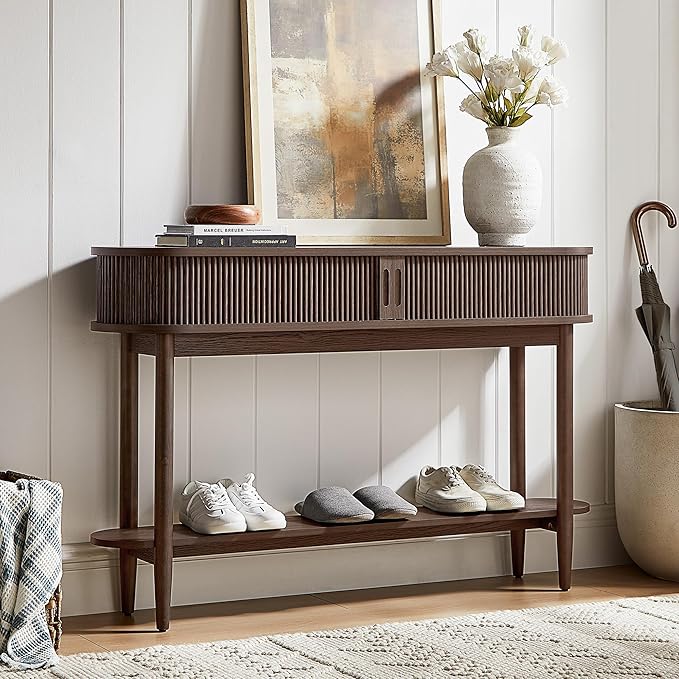 LINSY Fluted Console Table with Storage, Entryway Table Wood Entrance Tables for Front Door, Behind Couch Sofa Table with Shelves, Foyer Tables for Hallways, Living Room Vintage Furniture, Walnut