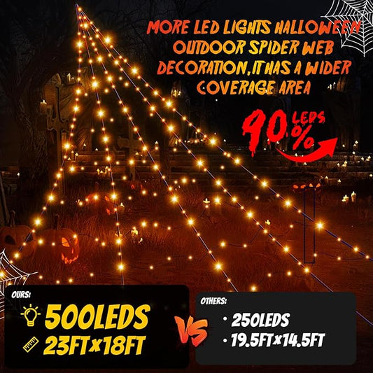 Halloween Decorations Outdoor Giant Spider Web Lights,23ft x 18ft Black Spider Web with 500 LEDs Purple,Waterproof for Halloween Yard Decorations and 8 Modes. (Black Nylon Rope and Orange LED Lights)