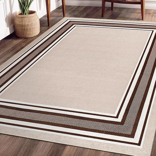 Beverly Rug Non Slip Area Rugs 3x5 Modern Bordered Non Skid Rubber Backing Soft Area Rug for Living Dining Room Easy to Clean Non Shedding Kitchen Bedroom Indoor Carpet 3 x 5 Beige-Brown