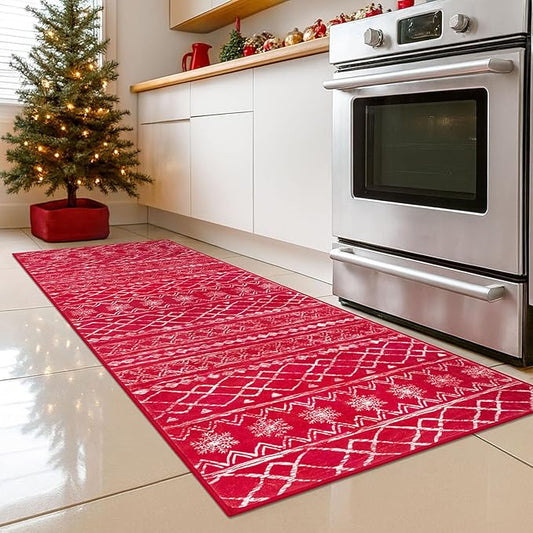 KUTA Christmas Washable Hallway Runner Rug, 2x6 Non-Slip Vintage Red Boho Rugs Kitchen Runners Red Ultra Soft Distressed Geometric Floor Carpet for Bedroom Laundry Living Room