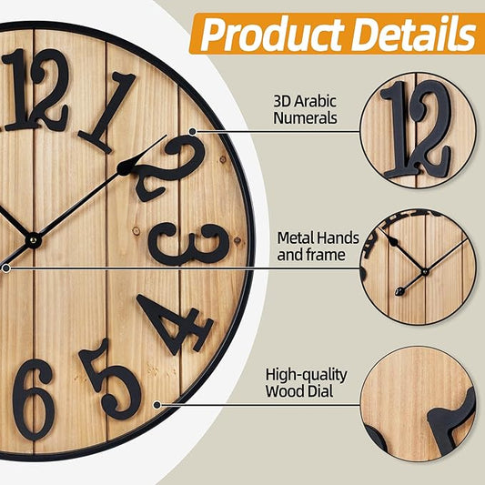 Large Wall Clock 16IN, Silent Metal Wood Style Wall Clocks Battery Operated for Living Room Decor, Farmhouse Big Wall Clock, Outdoor