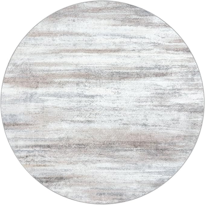 KOZYFLY Modern Abstract Round Area Rug 3Ft, Washable Kitchen Rug Non-Slip Soft Small Bathroom Circle Rug, Beige Striped Entryway Rugs Print Faux Wool Doormat for Bedside Entrance Bedroom Sink