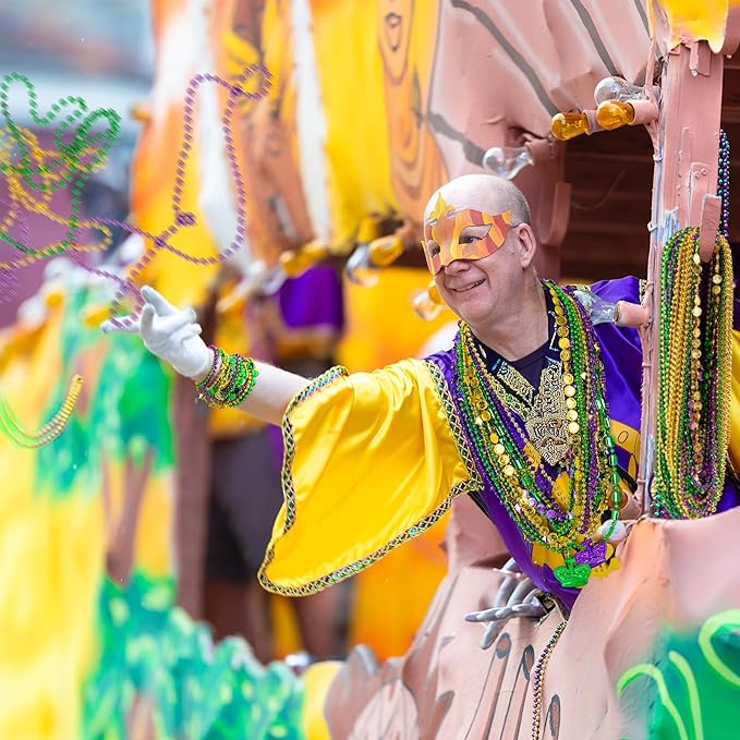 2000PCS Mardi Gras Beads Bulk, 9 Styles Purple Gold Green Mardi Gras Beads Necklaces Assortment, Coin Crown Mask Dollar Metallic Beaded Accessories for Mardi Gras Decorations Throws Party Favors