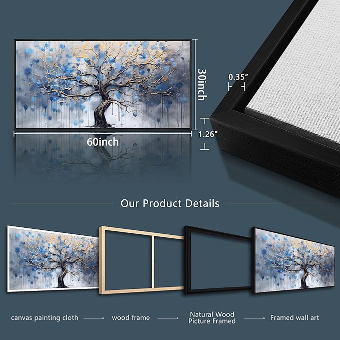 Wapluam Black Framed Canvas Wall Decorations For Living Room Wall Art For Bedroom Abstract Office Blue Tree Scenery Wall Pictures Modern Home Decor Stretched And Framed Ready To Hang Room Artwork
