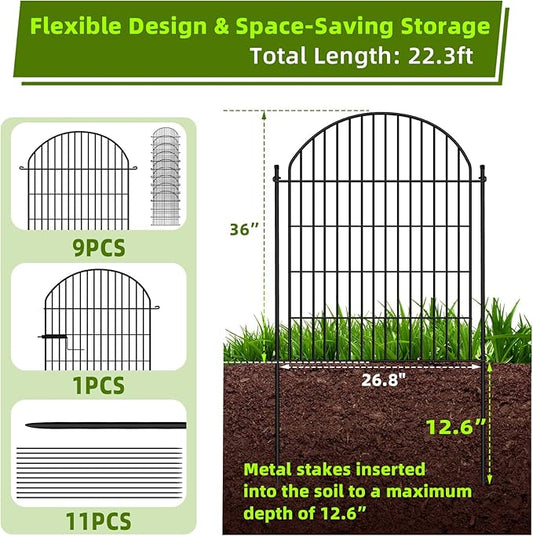 HIGH 10 Panels Garden Fence 36in H x 22.5ft L with Gate, No Dig Dog Fence Animal Barrier, Decorative Rustproof Metal Garden Edging Border Panel Fencing for Outdoor, Yard, Patio