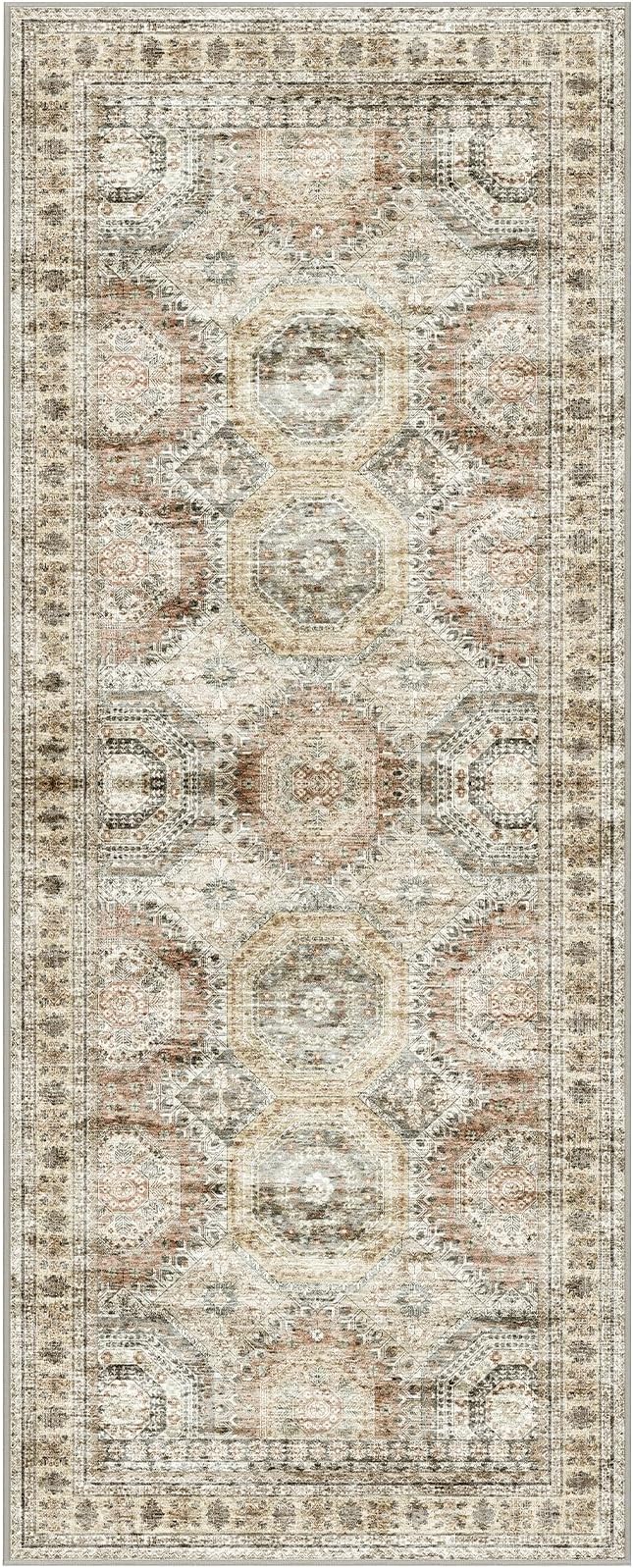 2x5 Rug Runner Washable for Entryway, Soft Bathroom Rugs with Non-Slip Backing, Abstract Low Pile Hallway Runner, Vintage Small Kitchen Carpet for Stair, Laundry Room(2'x5', Brown/Pink)
