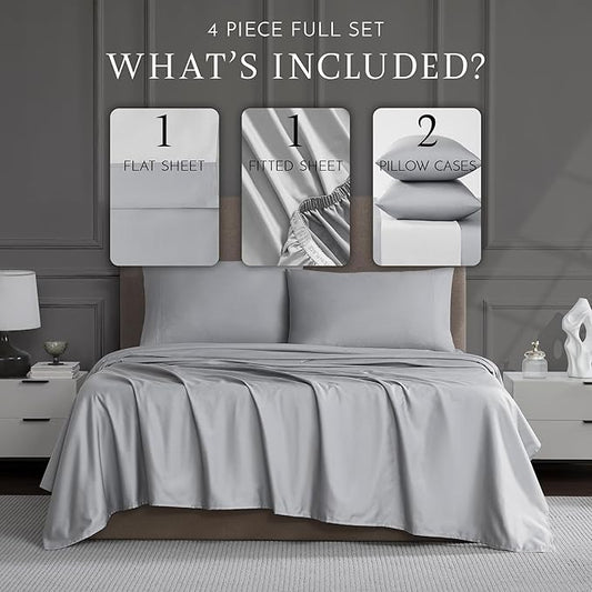Linen Closet Luxury Cotton 1200 Thread Count Hotel Luxury 4-Piece Sheet Set, Full, Soft Silver