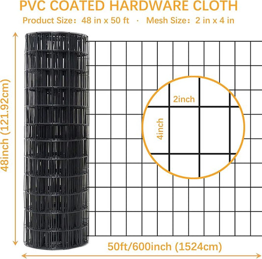 Black Metal Garden Fence, 48inch(H) x 50ft(L), 2 inch x 4 inch,12.5GA 2/3/4/5/6 Ft Tall Chicken Wire PVC Coated Welded Wire Mesh Roll for Dogs Border Yard Vegetable Plant Protection Poultry Netting