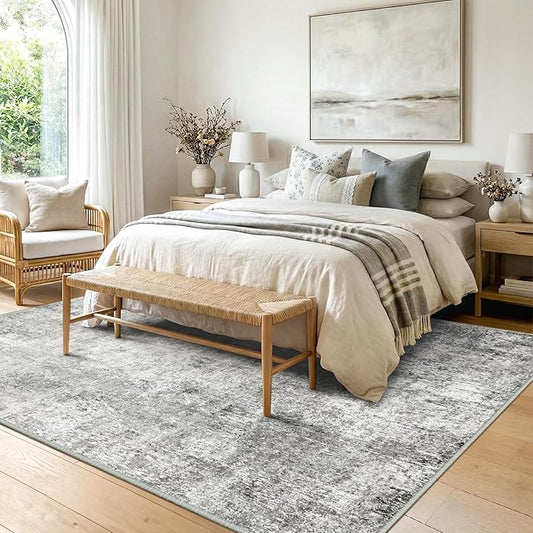 Washable Area Rugs 6'x9' Non-Slip Modern Abstract Soft for Living Room Entryway Bedroom Nursery, Print Pattern, Gray White Grey