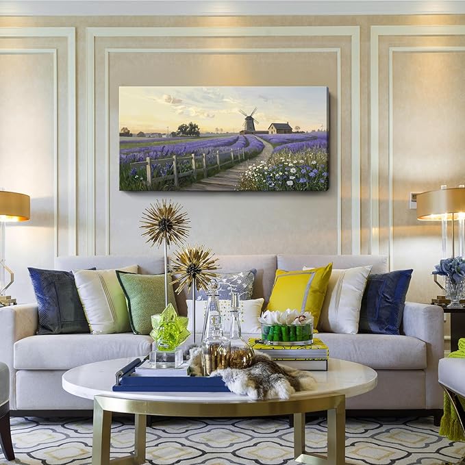 amatop Large Canvas Wall Art for Living Room Rustic Farmhouse Lavender Picture Print Countryside Landscape Windmill Daisy Flowers Purple Floral Artwork Bedroom Office Horizontal Nature Decor 48x24 In