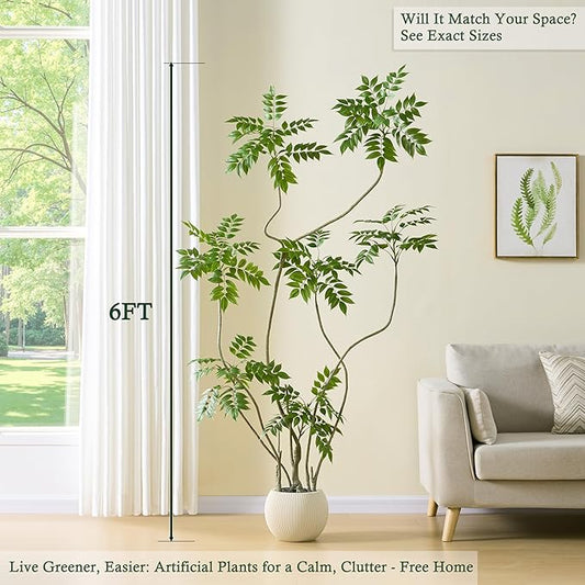 Artificial Sumac Tree:6FT Faux Mahonia Fortunei Tree Realistic Fake Floor Plant Silk Leaves & Elegant Branches in Pot Fake Plant for Minimalist Decor Indoor Home Sala Office Hotel Patio Studio
