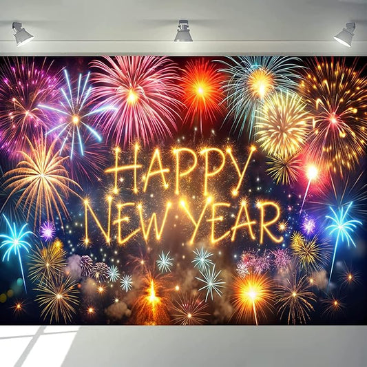 7X5 Happy New Year Party Backdrop Decoration Supplies, Extra Large Fabric Happy New Year Banner for 2026 Party Decoration Fireworks Photo Booth Backdrop Background 127
