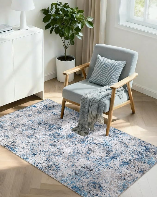 AUKOW Modern Abstract Washable Area Rugs - 3x5 Contemporary Soft Mat Stain Resistant Non Slip Low Pile Indoor Throw Rug for Bedroom Kitchen Office Chair Desk - Grey/Blue