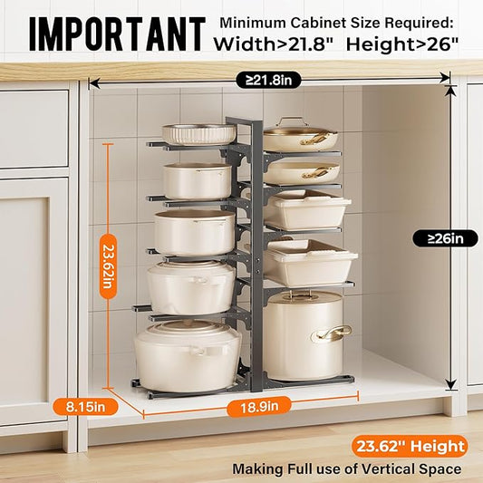MUDEELA 10-Tier Pots and Pans Organizer under Cabinet, Heavy Duty Adjustable Pot Pan Organizers inside Cabinet, Kitchen Cabinet Organizers and Storage for Big Stockpots, Heavy Cookware