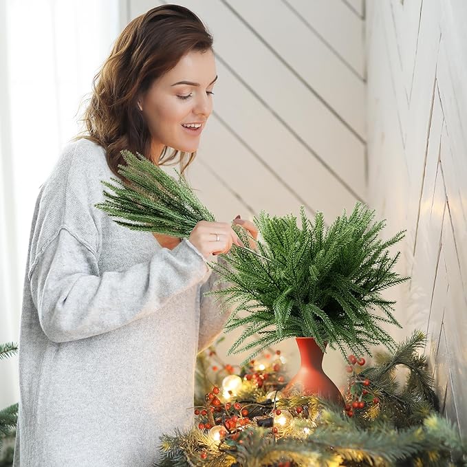 Christmas Decor Norfolk Pine Stems, 12 Pcs Artificial Pine Branches, Realistic Faux Greenery Stems, 19-Inch Pine Picks for Christmas Decorations, DIY Crafts, Wedding & Home Accents (No vase)