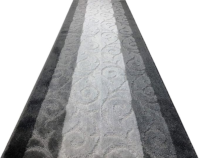 Custom Cut Hallway Runner Rug, Slip Resistant, 31 Inch Wide X Your Choice of Length, Scroll Anthracite, 31 Inch X 31 feet