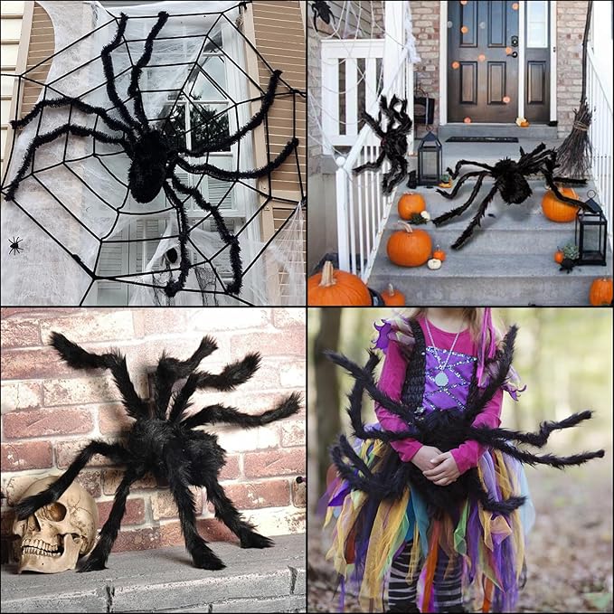 ZMCINER 8 Pcs Large Spiders Halloween Decorations - Outdoor Realistic Scary Hairy Spiders (8 Pcs in Different Sizes)