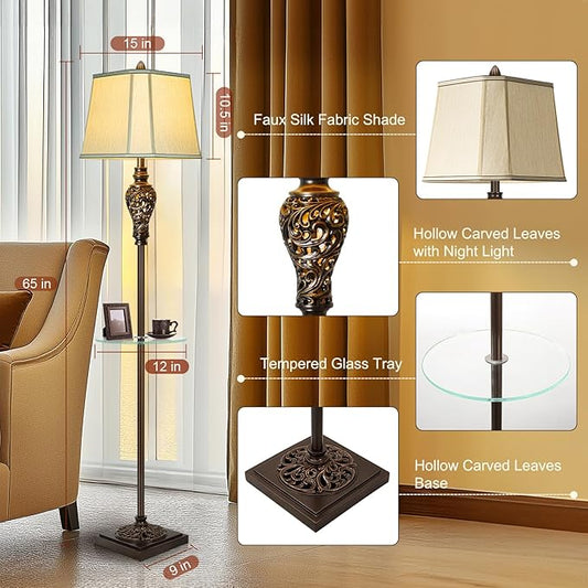 Rustic Floor Lamp for Living Room with Nightlight and Glass Tray, Vintage Standing Lamp with Beige Faux Silk Shade, Farmhouse Tall Lamp for Bedroom Study Home Office Hotel Bar - Brown (Bulb Included)