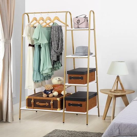 Finnhomy Clothes Rack, Clothing Rack for Hanging Clothes Heavy Duty Garment Rack with 5 Wood Shelves Freestanding Portable Closet Organizer for Bedroom/Entryway/Boutiques,Gold