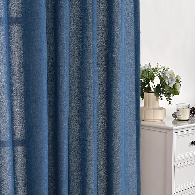 YoungsTex Navy Blue Linen Kitchen Window Curtains 40 Inch Length, Short Semi Sheer Drapes with Rod Pocket Back Tab Light Filtering Privacy for Cafe Bathroom Windows Over Sink, 2 Panels, 42 X 40 Inch