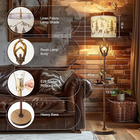 Vintage Deer Antlers Floor Lamps for Living Room with Night Light, Rustic Tall Lamp Decor for Bedroom with Metal Tray. Farmhouse Standing Lamp for Home Office Study Restaurant (Bulb Included)