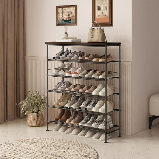 Shoe Rack Organizer 6 Tier for Closet Entryway Free Standing Metal Storage Shoe Shelf with MDF Top Board,Black