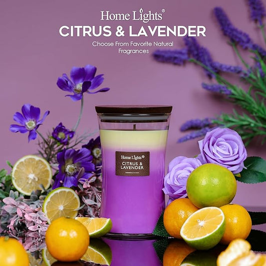 HomeLights 3-Layer Candles for Home Scented, 21.52 OZ Natural Soy Wax Scented Candles Burns Up to 100 Hours, Large Jar, Citrus & Lavender