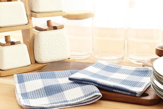 Waffle Weave Plaid Dish Cloths, 100% Cotton - 12 x 12 Inches, Ultra Soft Absorbent Quick Drying Dish Towels Buffalo Check Dish Rags for Kitchen, 6 Pack - Spring Summer - Smoky Grey and White