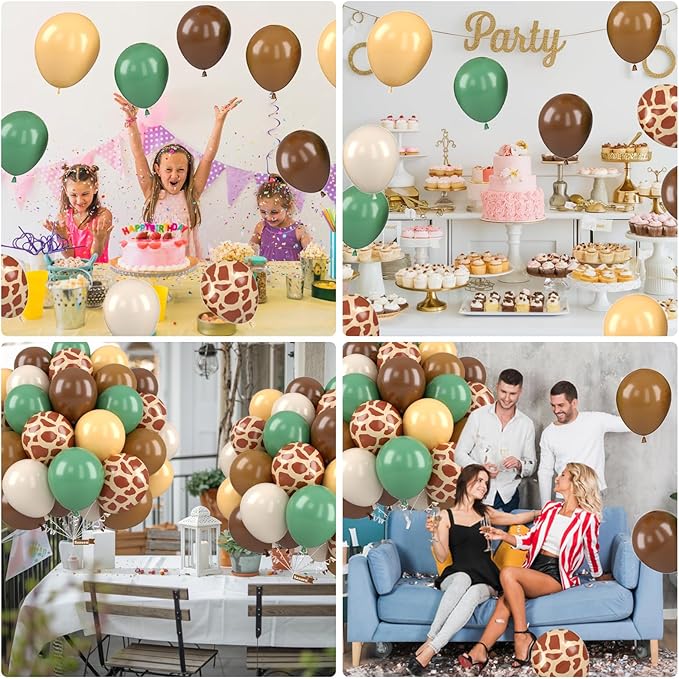 Jungle Balloons, 12 Inch Green and Brown Balloons, Sage Green Brown Apricot Giraffe Khaki Print Latex Balloon for Safari Baby Shower Forest Jungle Animal Theme Birthday Party Decorations
