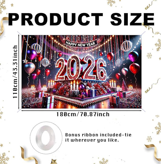 Nuxovilar Happy New Year Banner, 2026 Stage Lights Backdrop for Party Decorations, 71x43 Inch