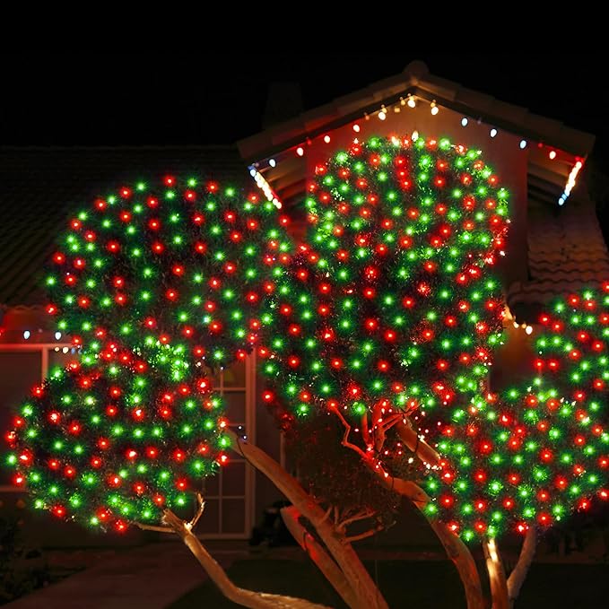 WBao Christmas Lights, 200LED 9.8ft x 6.6ft Christmas Bush Lights, 8 Modes, Timer, End to End Connectable, Waterproof Design for Lawn, Bush, Tree Outdoor Xmas Decorations, Red Green (Clear Wire)