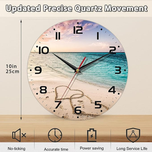 Two Hearts on a Sandy Beach Wall Clocks Vintage Wooden Battery Operated Sunset Non Ticking 10 inch Clock Silent Art Bedroom Kitchen Clock Home Decor for Girls Kids