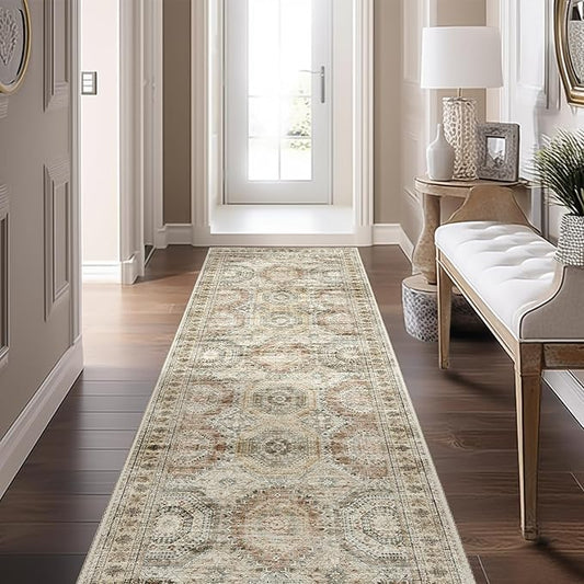 Washable Runner Rugs for Bedroom - 2x6 Runner Rug Non Slip, Ultra-Thin Entryway Runner, Soft Abstract Kitchen Runner for Hallway, Laundry, Bathroom, Indoor Door Mat(2'x6', Brown/Pink)
