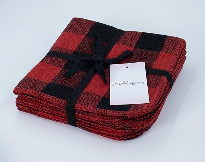 Waffle Weave Plaid Dish Cloths, 100% Cotton - 12 x 12 Inches, Ultra Soft Absorbent Quick Drying Dish Towels Buffalo Check Dish Rags for Kitchen, 8 Pack - Fall Thanksgiving - Red & Black