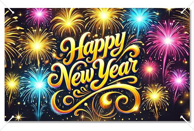 2026 Happy New Year Banner Fireworks Party Backdrop Gold Lettering New Year Eve Wall Decor Large Celebration Photo Background for Indoor Outdoor Holiday Events