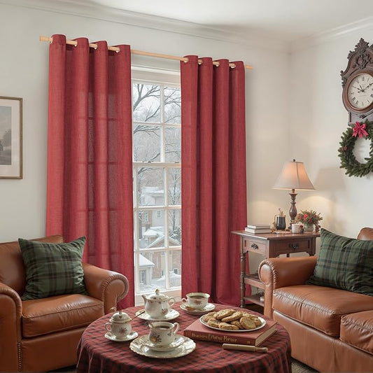 YoungsTex Red Linen Curtains 95 Inch Length for Living Room, Extra Long Light Filtering Drapes with Bronze Grommet Privacy Christmas Decor for Dining Bedroom, 52 x 95 Inch, 2 Panels