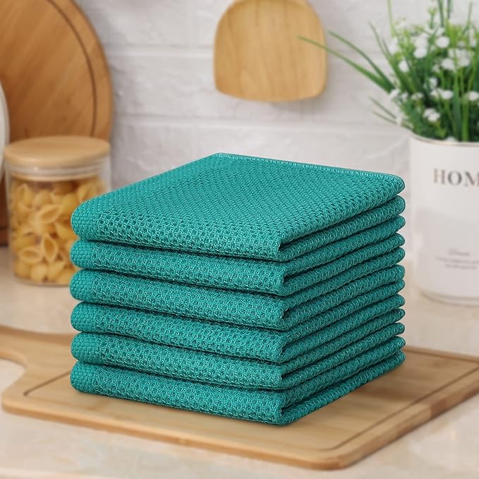 Kitinjoy 100% Cotton Kitchen Dish Cloths, 6 Pack Waffle Weave Ultra Soft Absorbent Dish Towels for Drying Dishes Quick Drying Kitchen Towels Dish Rags, 12 X 12 Inches, Teal