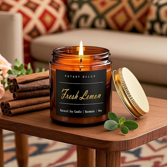 Fresh Lemon Candles for Home Scented, Natural Soy Aromatherapy Non Toxic Candles with Long Lasting Fragrance & Clean Burn, Luxury Jar Candle Gift for Women, Men, Home Decoration 9oz