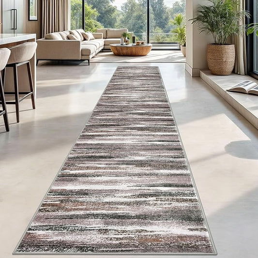 Modern Abstract Runner Rug 2.6x18, Dark Light Brown White Washable Long Kitchen Runner Non-Slip Soft Hallway Rug Runner Thin Print Faux Wool Carpet for Entryway Bedroom Laundry Room Indoor