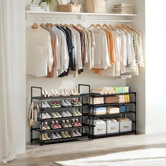 Shoe Rack, 10 Tier Shoe Storage Organizer with Hooks,Fit 40-45 Pairs Shoes,Nonwoven Fabric Tall Shoe Shelf for Closet,Entryway, Hallway,Garage,Bedroom,Cloakroom