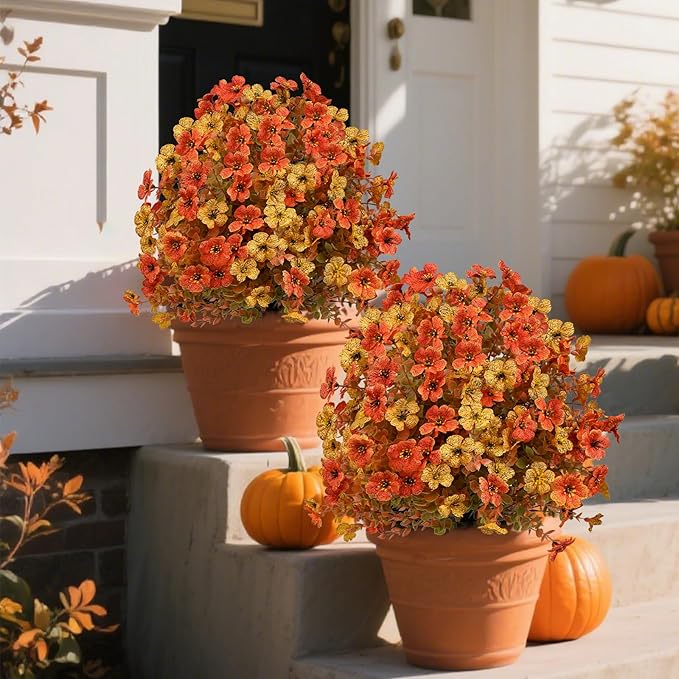 23" Set of 2 Orange Artificial Boxwood Topiary Flowers Ball with Spikes for Outdoor Fall Decorations, Faux Greenery Shrubs,Fake Bushes Plants for Garden, Yard, Front Porch(Orange)