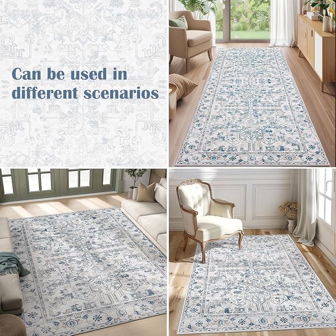 jinchan Kitchen Runner Rug 3x7 - Vintage Floral Machine Washable Non-Slip Hallway Runner Rug with Rubber Backing Ultra-Thin Carpet for Bedroom Laundry Room Farmhouse (3x7ft,Blue)