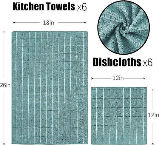 Microfiber Kitchen Towels and Dishcloths Set, 26 X 18 Inch and 12 X 12 Inch, Set of 12 Bulk Lint Free Dish Towels for Drying Dishes, Lake Blue