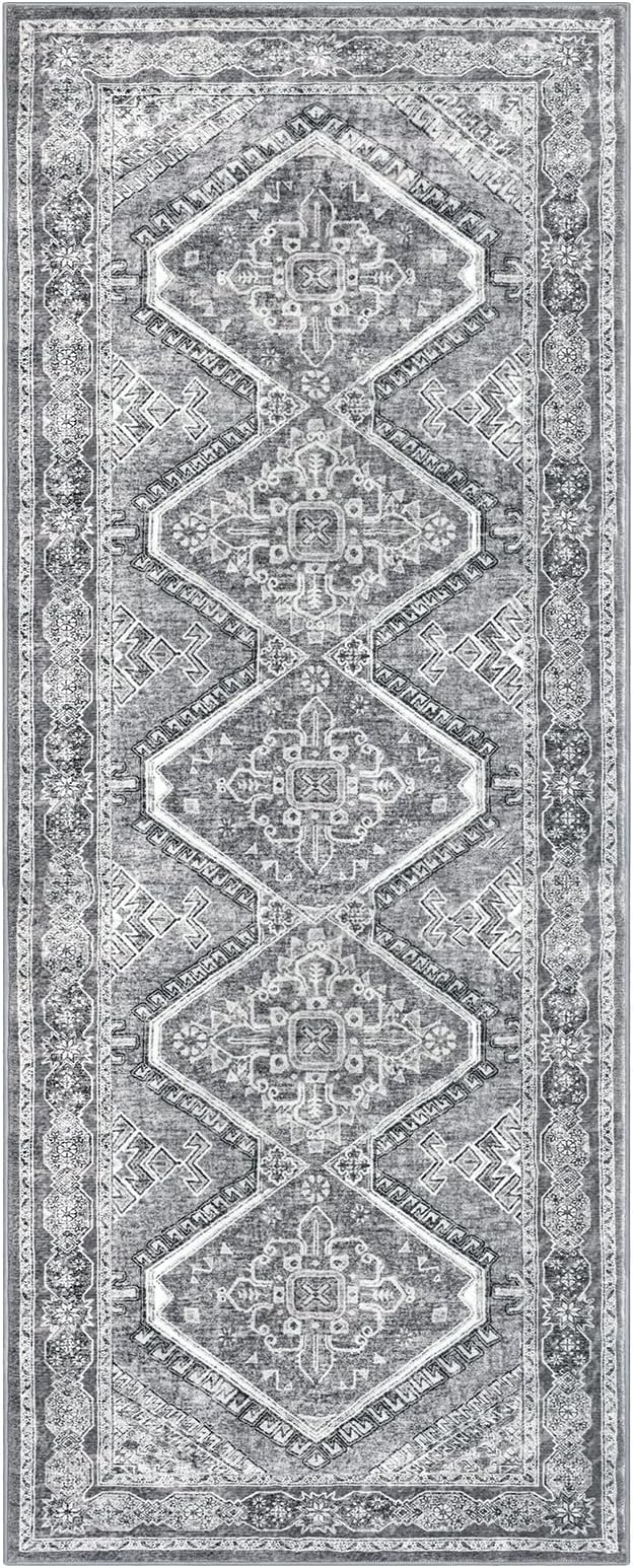 KUTA Oriental Washable Runner Rug, 2x6 Runners for Hallways Non-Slip Vintage Grey Kitchen Rugs Ultra Soft Printed Distressed Tribal Farmhouse Carpet for Laundry Bedroom Living Room