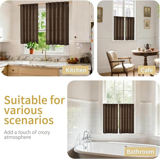 YoungsTex Brown Linen Cafe Curtains 36 Inches Long for Fall Decor, Small Light Filtering Drapes with Rod Pocket Back Tab Textured for Bathroom Kitchen Window, 2 Panels, 42 X 36 Inch