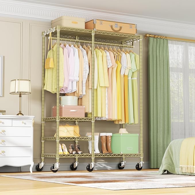 Ulif F4R Heavy Duty Clothes Rack(With Lockable Wheels )Rolling Clothing Racks for Hanging Clothes,Adjustable Closet Organizer System,Portable Garment Rack 45"W x 15.8"D x 73.5"H,Max Load 650LBS,Gold