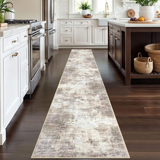 IOHOUZE Abstract Runner Rug 2x12 Ft Washable Runners for Hallways, Non Slip Kitchen Runner Printed Faux Wool Entryway Runner Indoor, Modern Abstract Floor Carpet for Hall Kitchen, Beige Brown